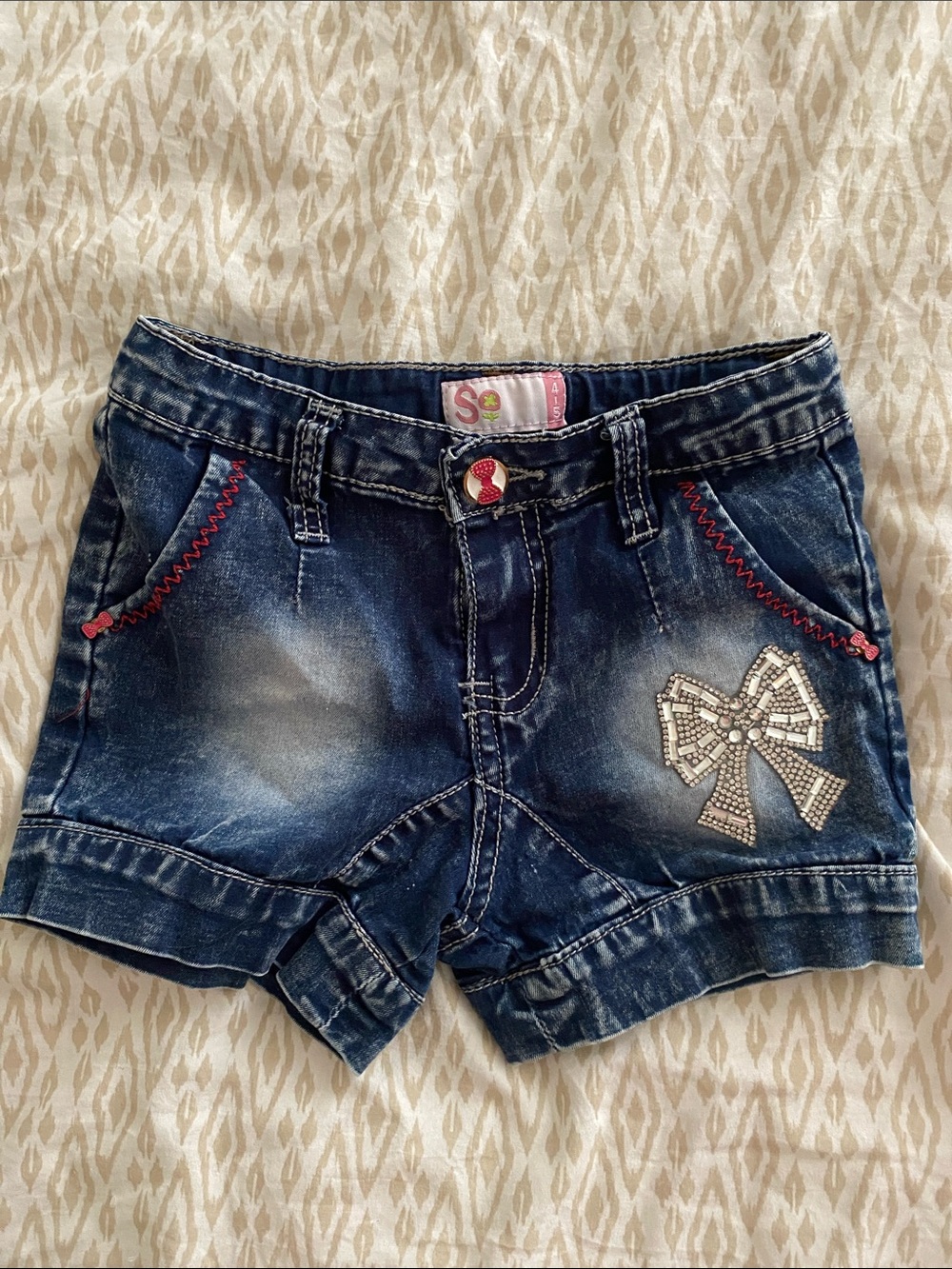 Girls' Dark Blue Denim Shorts with Embellished Bow Accent